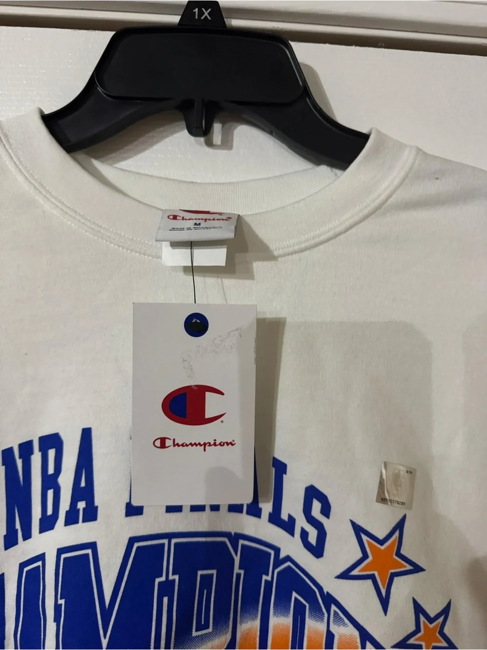 Champion White Crewneck Sweatshirt with Blue and Orange Knicks Graphic